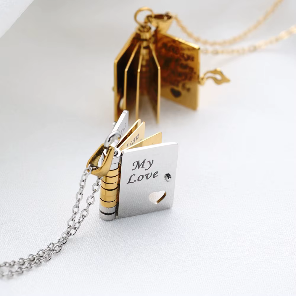 Mon livre d'amour collier gravé Messages romantiques livre médaillon pendentif colliers pour amoureux cadeau de saint valentin femmes hommes bijoux