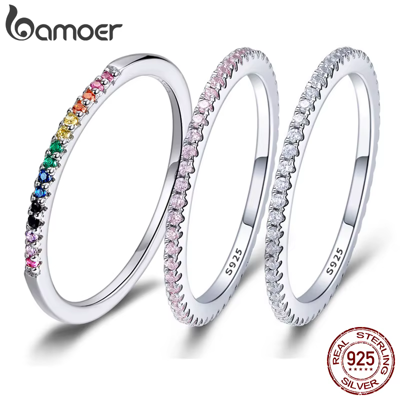 BAMOER 925 bagues empilables en argent sterling entièrement pavées de diamants simulés