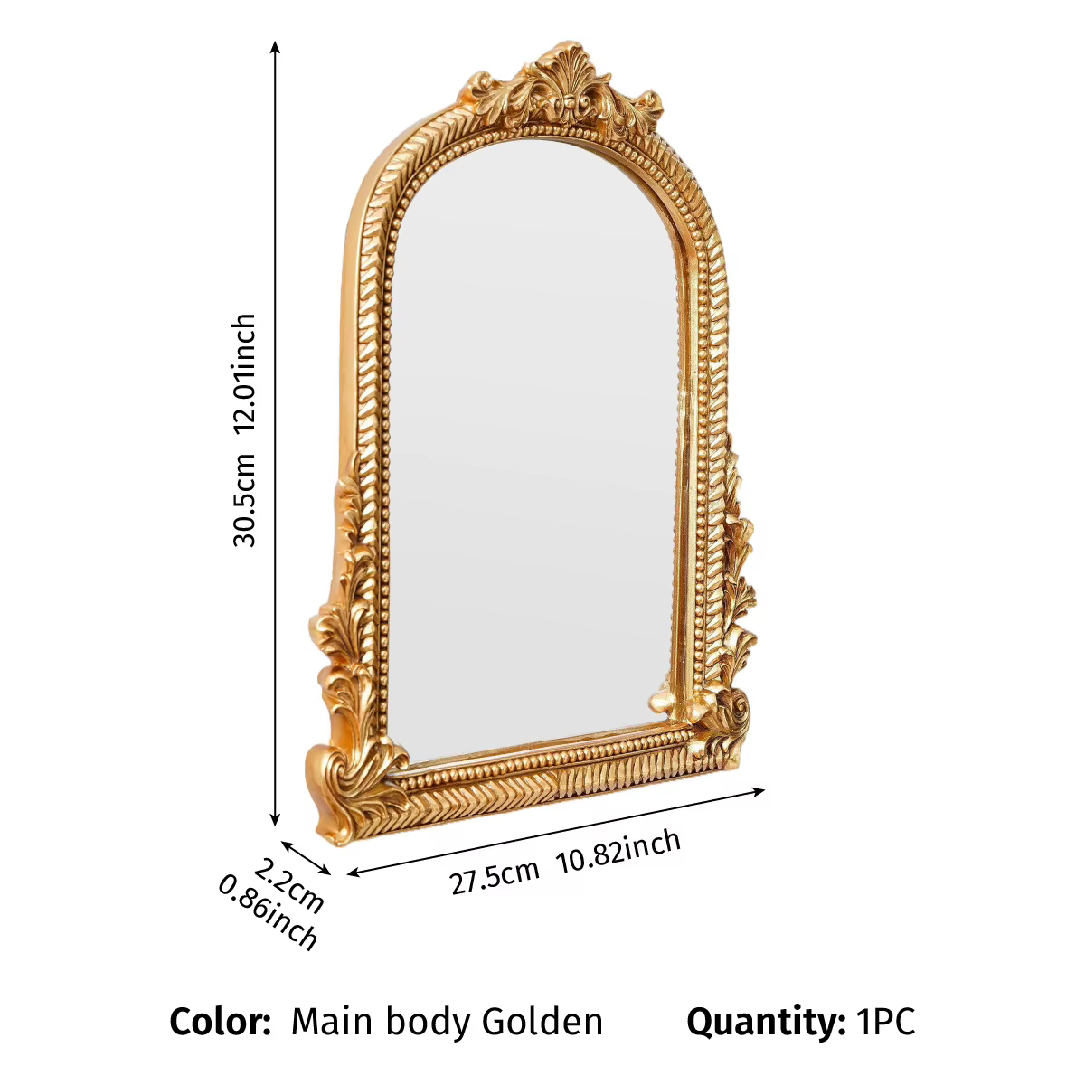 Miroir mural de salle de bain de luxe avec bordure dorée sculptée en forme d'arche