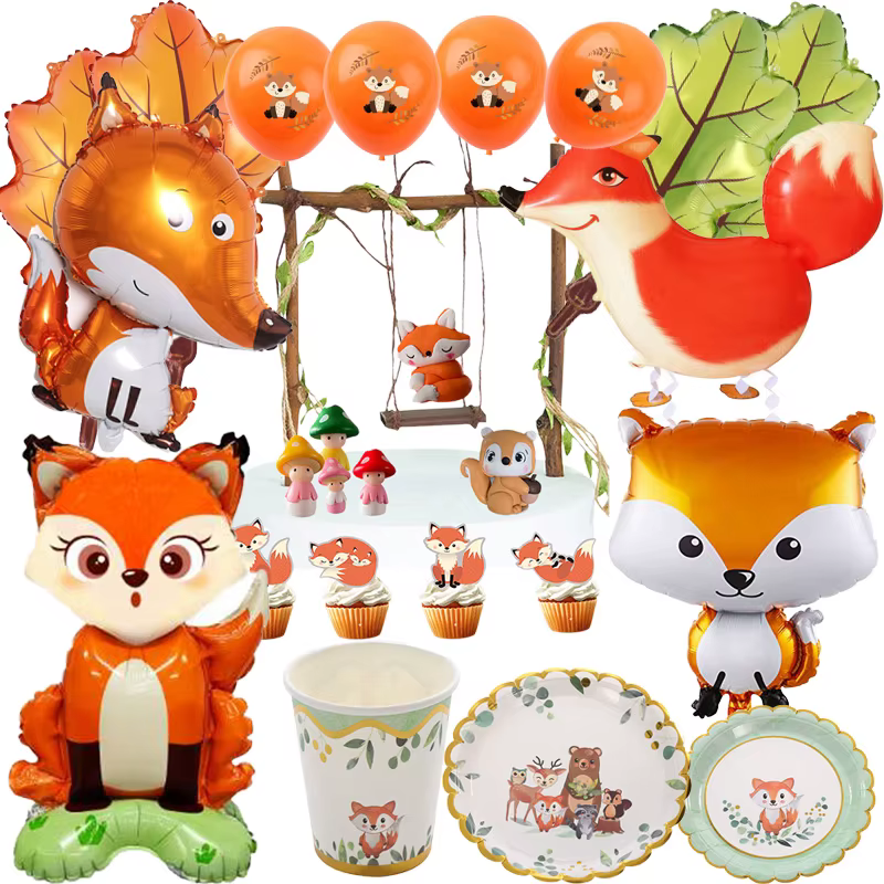 Renard fête d'anniversaire bébé douche décor fournitures vaisselle ballon Cupcake Toppers bois animaux thème habiller enfants Orange 