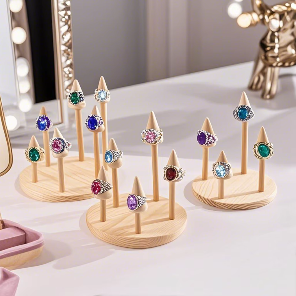 Présentoir rond en bois pour bagues, support pour bagues, plateau de rangement pour bracelets de montre, vitrine de bijoux, accessoires de vitrine