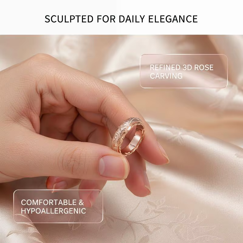 Bague en or rose sculptée en forme de rose suspendue pour femmes