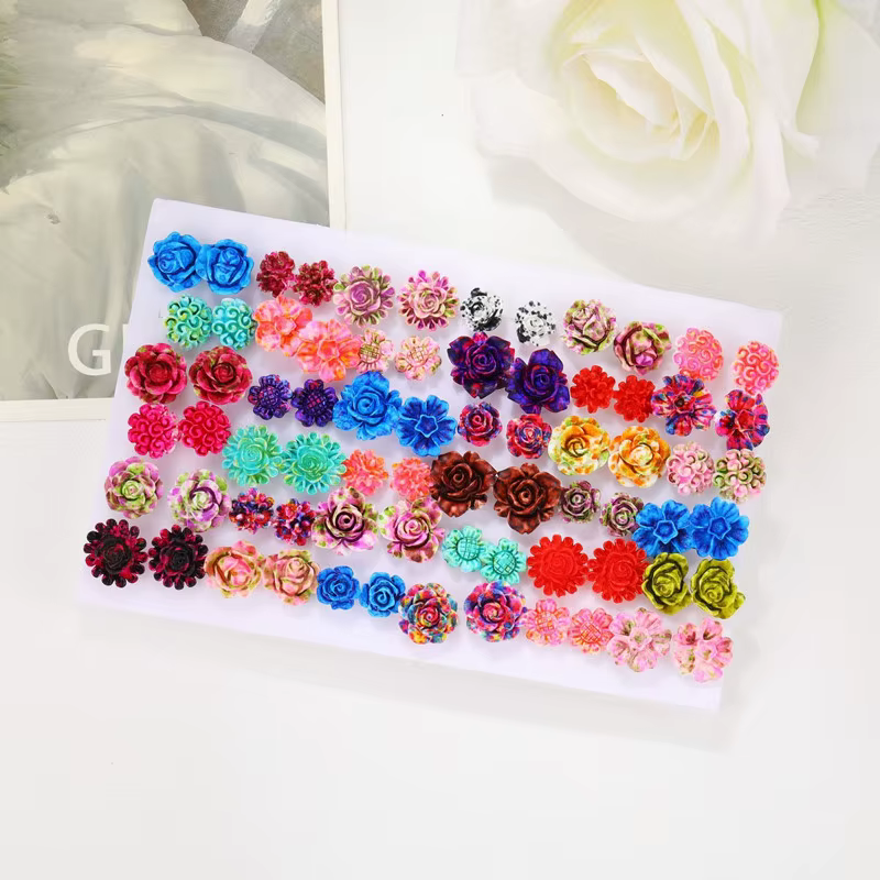 Doux 36 paires résine fleur douce boucles d'oreilles ensemble clous