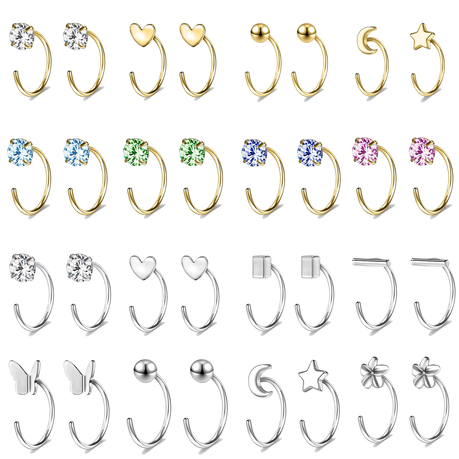 ZEMO-Boucles d'oreilles créoles en argent regardé 925 pour femme, bijoux de piercing minimaux, cœur, lune, étoile, 147 us d'oreille, hélice, 8mm, 20g, 1 paire