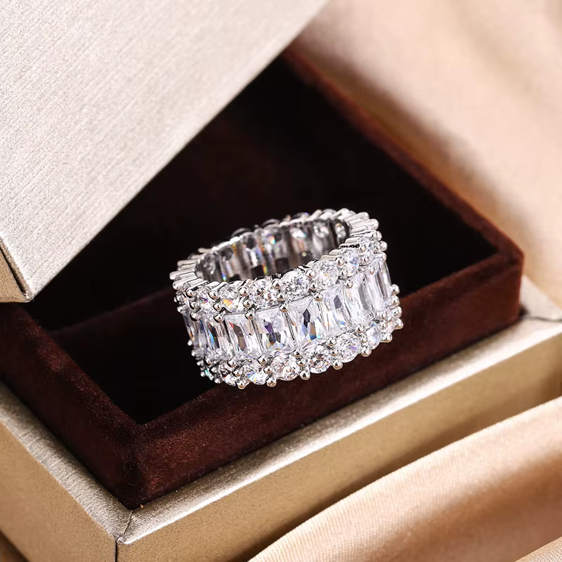 Bague grande bande colorée plaquée argent S925 avec pierre de Zircon scintillante pour femmes