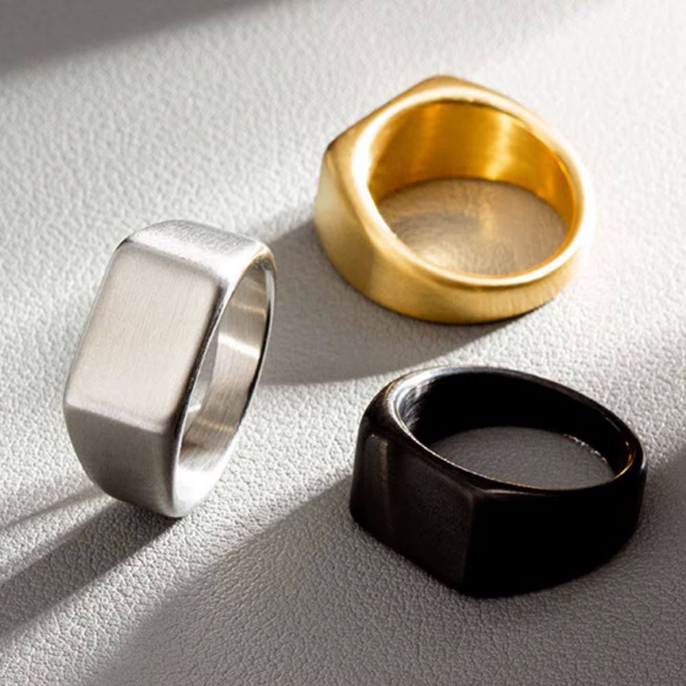 Bague signet rectangulaire en acier inoxydable pour hommes