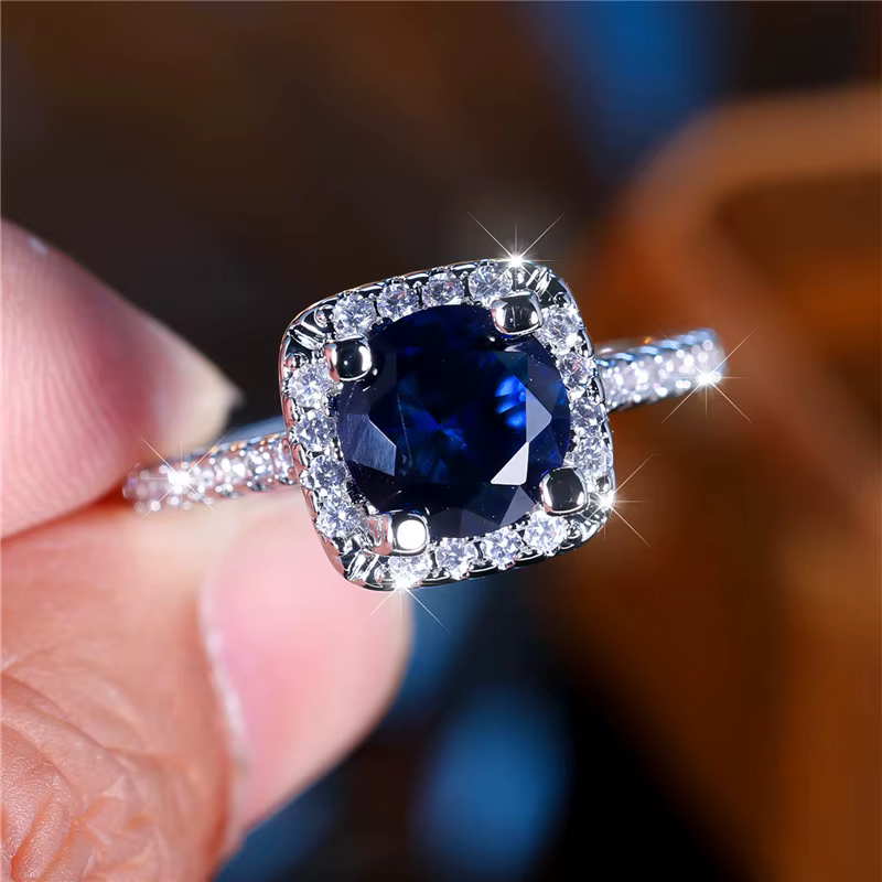 Bague de luxe en pierre de Zircon ronde bleue pour femme