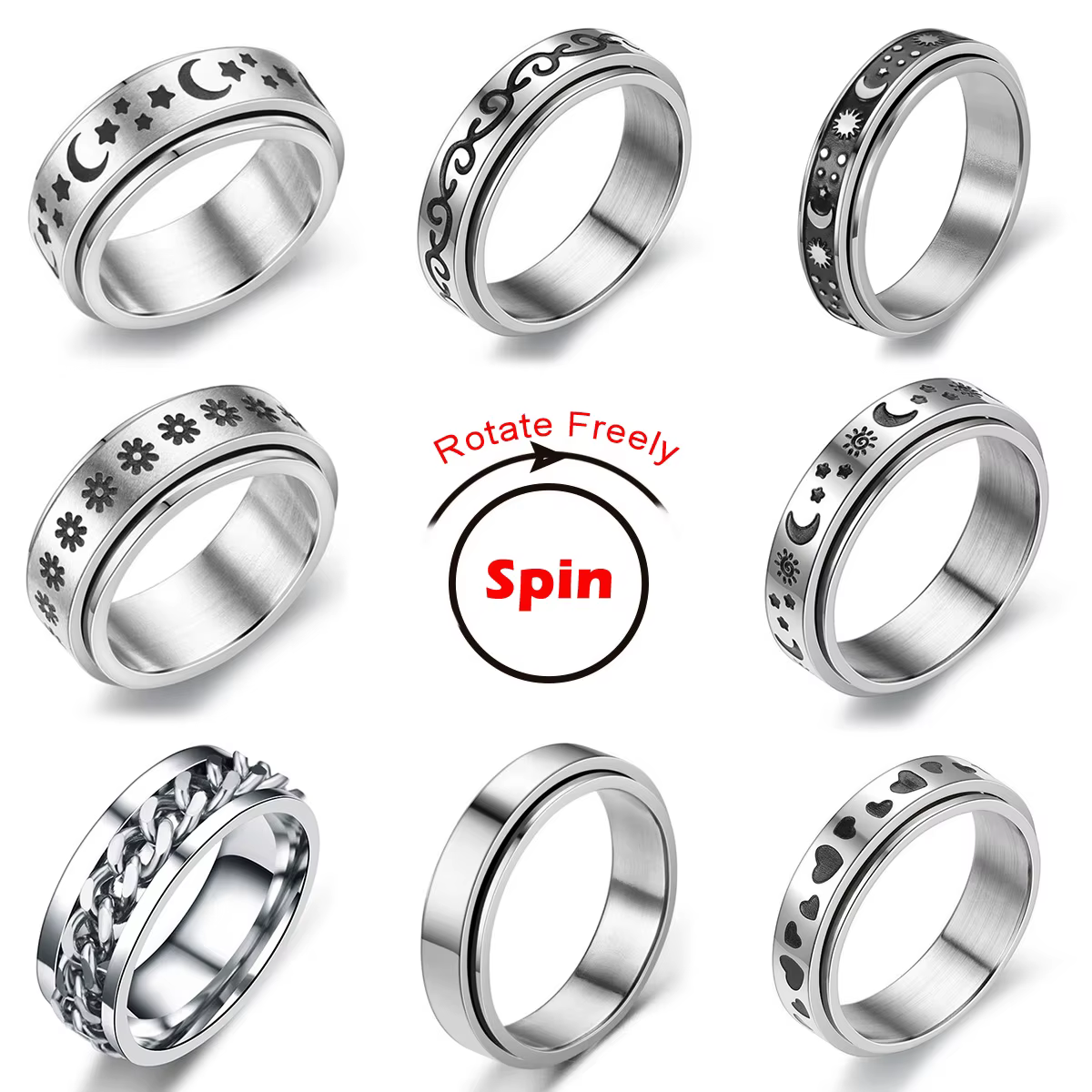 Bague Anti-Stress en acier inoxydable pour femmes et hommes