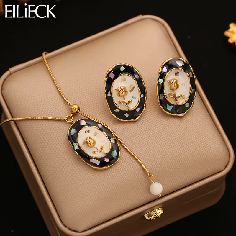 EILIECK – ensemble de collier et boucles d'oreilles ovales en émail avec fleurs