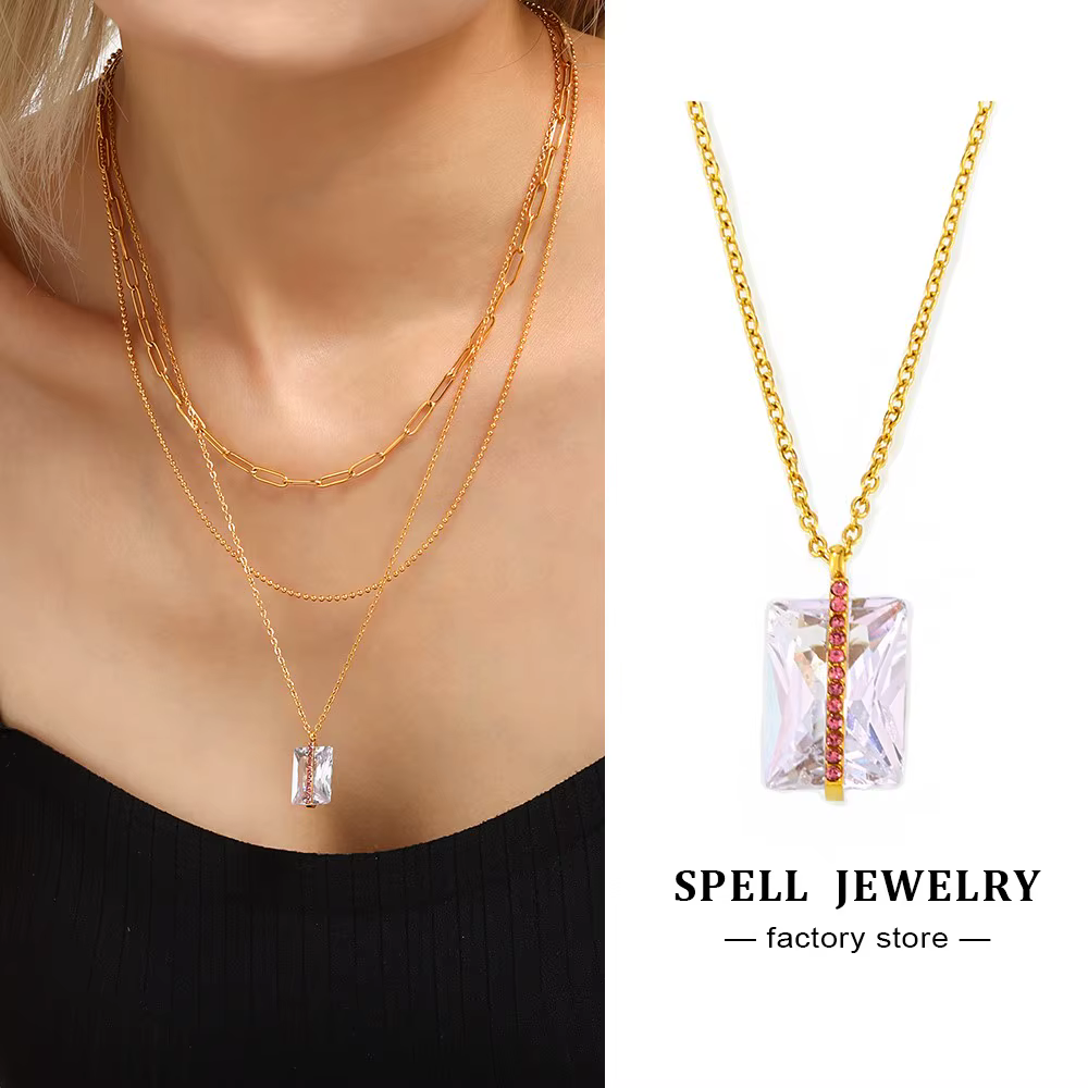 Collier chaîne en acier inoxydable avec grand pendentif carré en zircon plaqué or 18 carats, colliers de luxe pour femmes