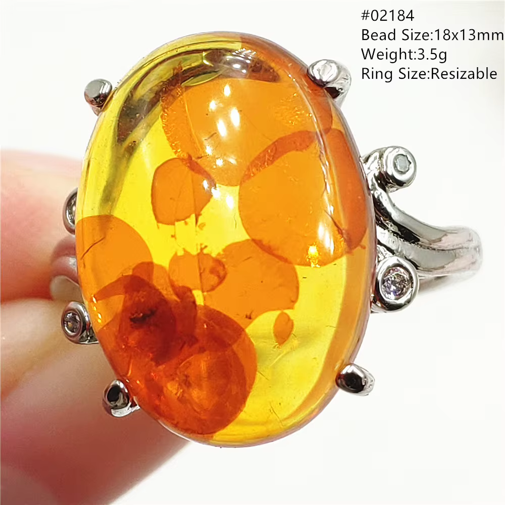 Bague réglable en ambre jaune Piebald naturel pour femme