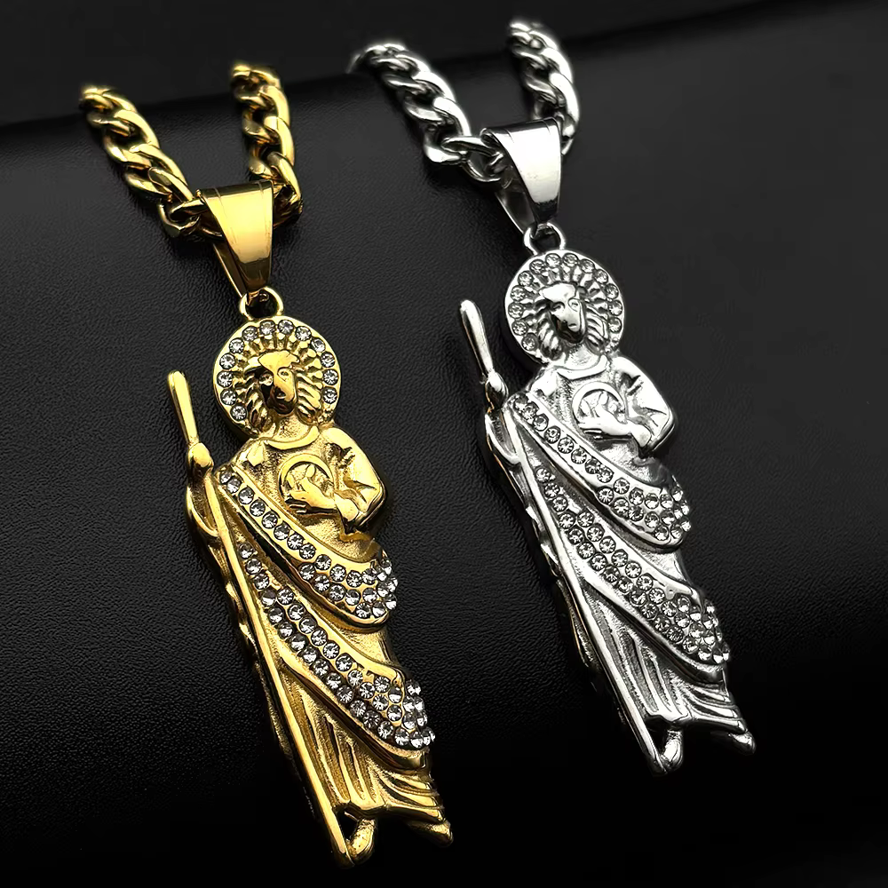 San Judas Tadeo strass pendentif collier pour femmes hommes chaîne en acier inoxydable Saint Jude Thaddeus amulette bijoux cadeau de fête