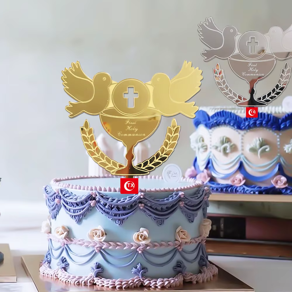 Nouveau Topper de Gâteau Baptême Garçons et Filles Pigeons IHS Eucharistie Doré pour Fête d'Anniversaire Décoration