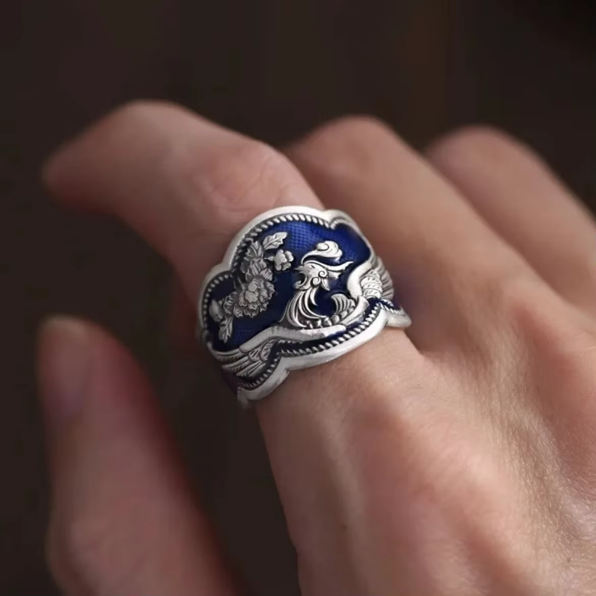 Bague phénix bleu et blanc en argent 925