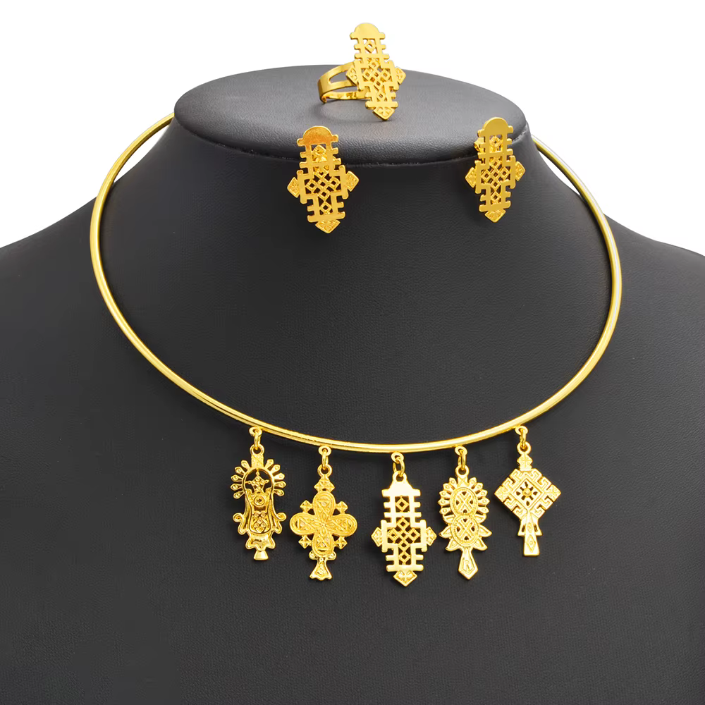 Parures de bijoux ethniques éthiopiennes et érythréennes avec colliers ras-du-cou, boucles d'oreilles et bagues pour femmes – Cadeaux de mariage africains # 340006