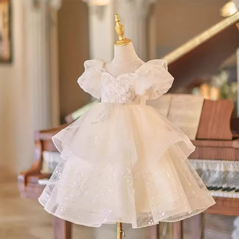 2025 fleur mariage petite fille robe de soirée enfants Piano Performance hôte défilé princesse robes enfant blanc redingote Vestido