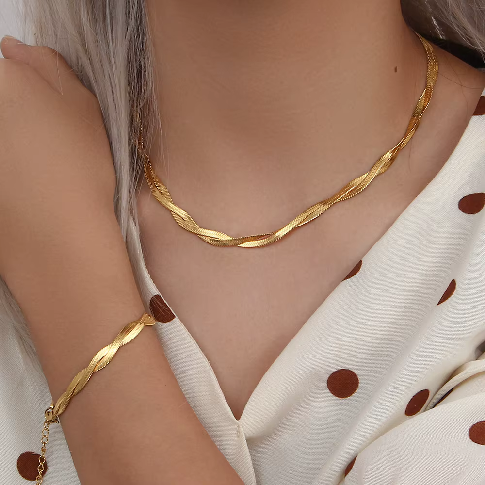 E.B.belle – ensemble de bracelets et colliers en chaîne à chevrons tressées imperméables plaqués or