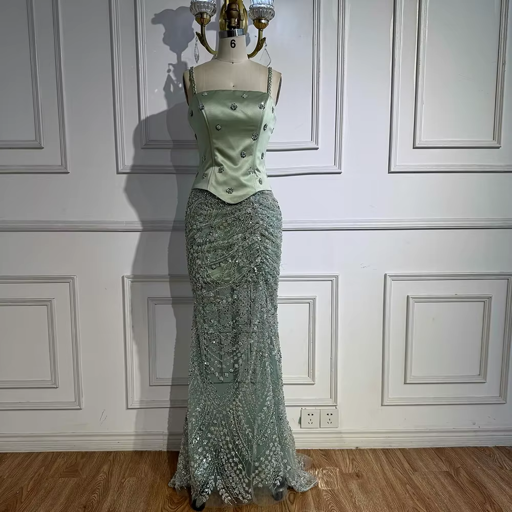 Robe de soirée de luxe en perles vert sauge