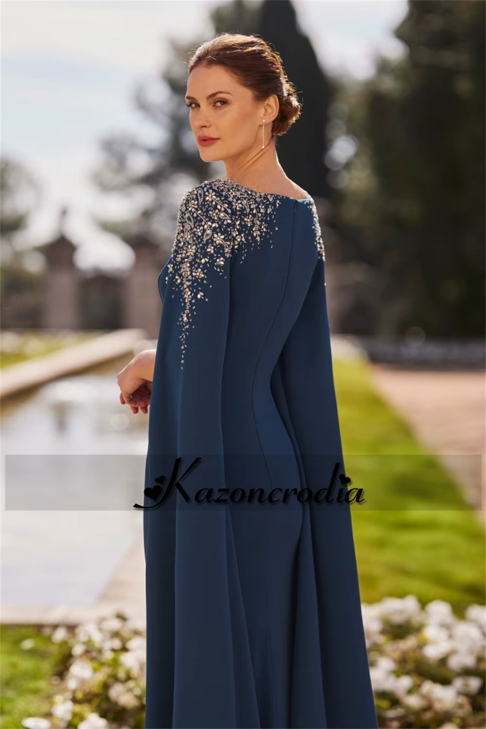 Kazon glamour sirène marié mère de la robe de mariée avec Cape dentelle Appliques Robes d'invité de Mariage Invitee Mariage personnalisé