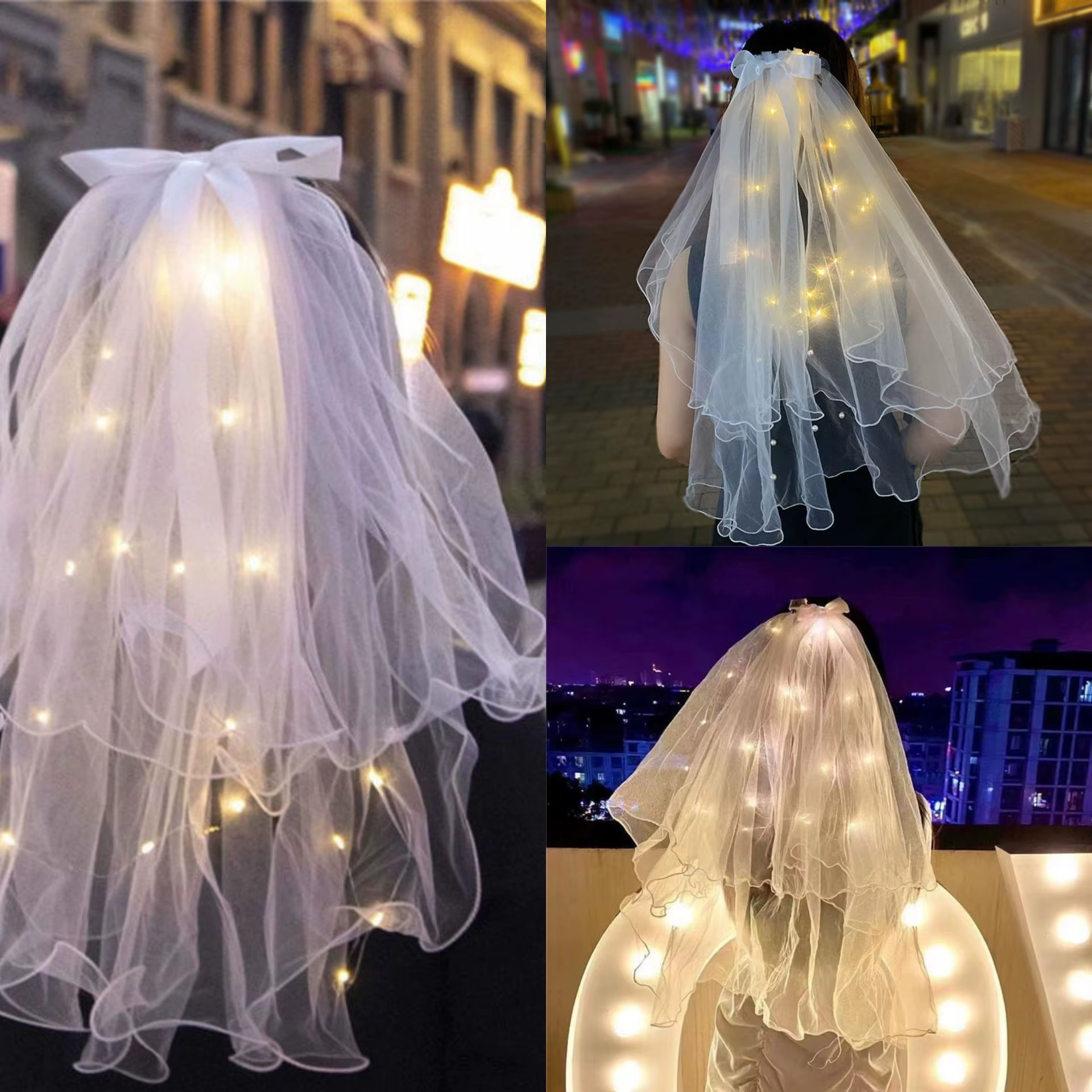 Voile lumineux LED blanc à 2 niveaux avec épingle à cheveux