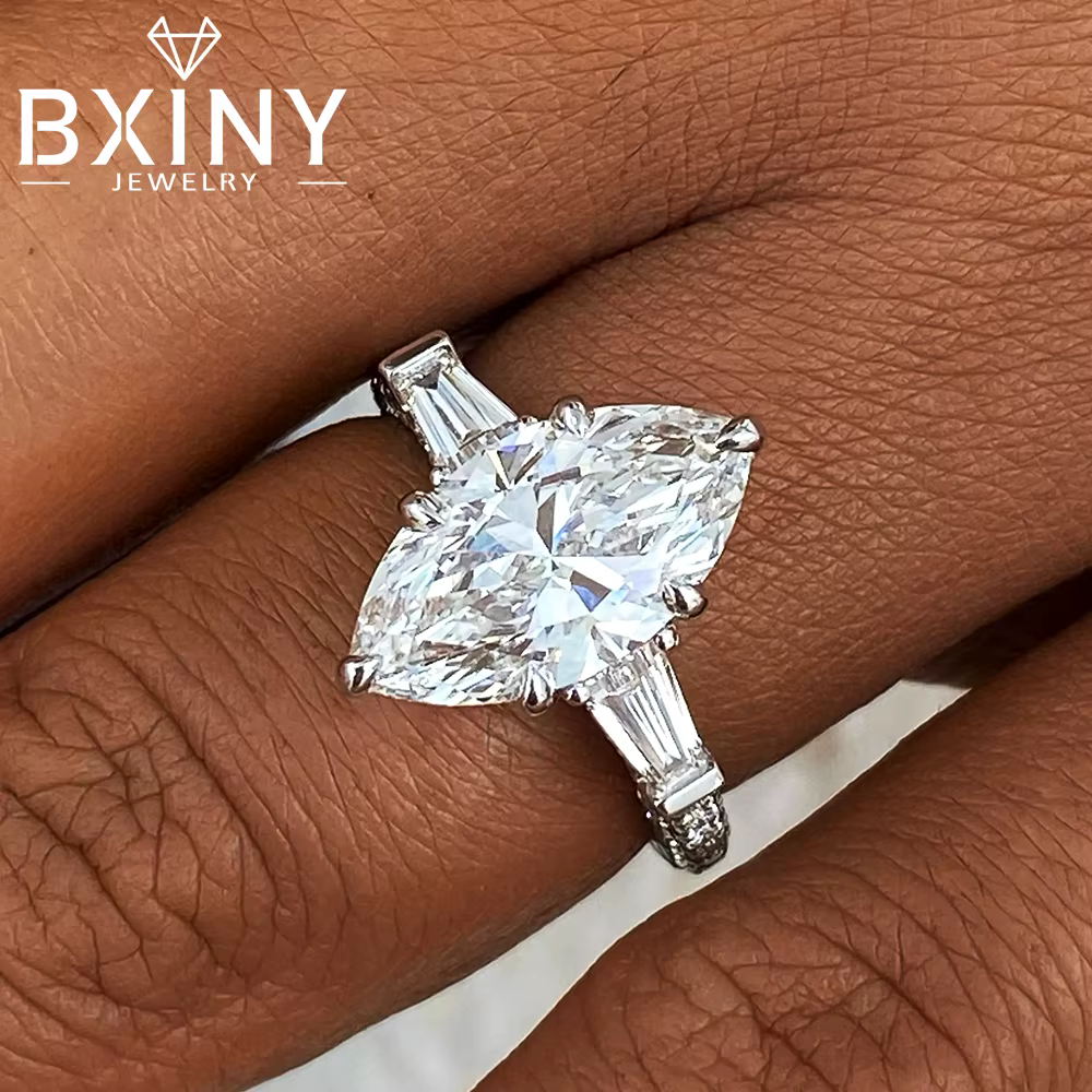 Bague BXINY en argent sterling 925 avec 3 pierres de moissanite taille marquise pour femme, alliance de mariage conique avec diamants baguette, cadeau de joaillerie fine