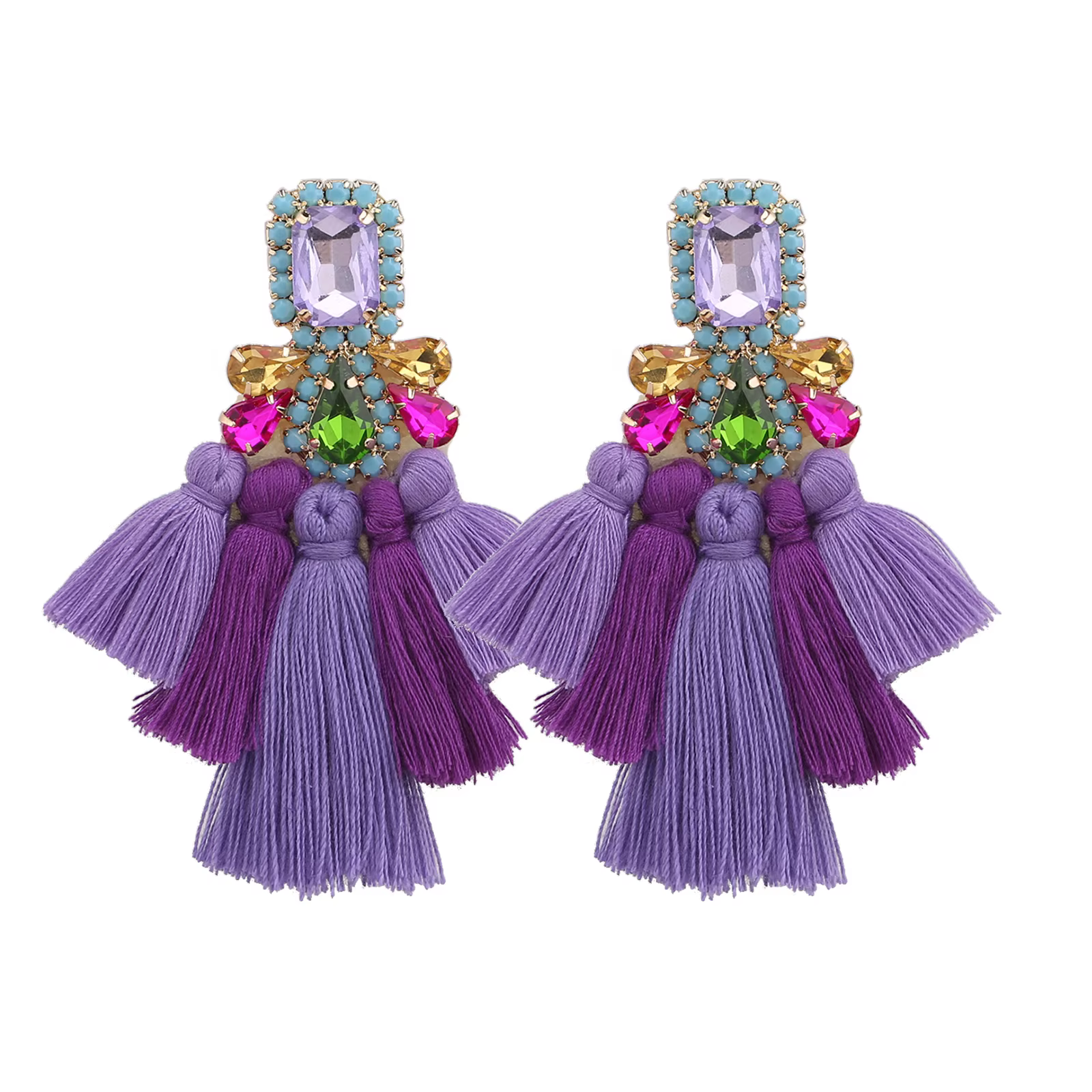 Boucles d'oreilles pendantes bohèmes exagérées en strass faites à la main avec pompons pour femme