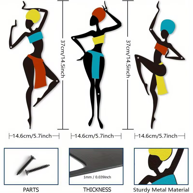 3 pièces d'art mural en métal africain - Art silhouetté de style danse ethnique