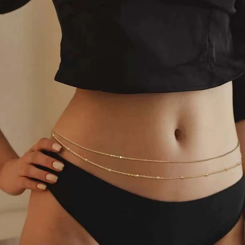 Chaînes de ventre en métal pour femmes, perles Double couche, Simple, couleur or, chaîne de corps, accessoires de bijoux de fête sur la plage