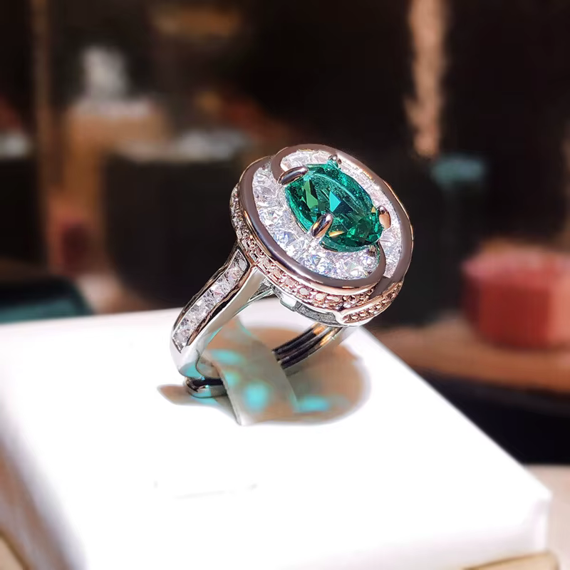 Bague en argent regardé S925 avec émeraude ronde classique pour femme