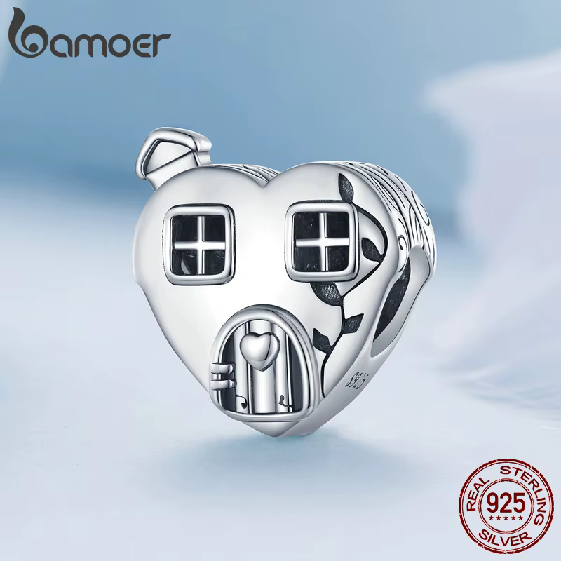 Bamoer 925 argent Sterling petite maison famille perles en forme de coeur breloques pour femmes Bracelet et Bracelet bricolage bijoux fins BSC871