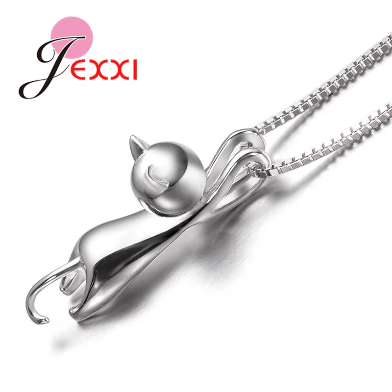 Collier avec pendentifs chat en argent Sterling 925 pour femmes/filles