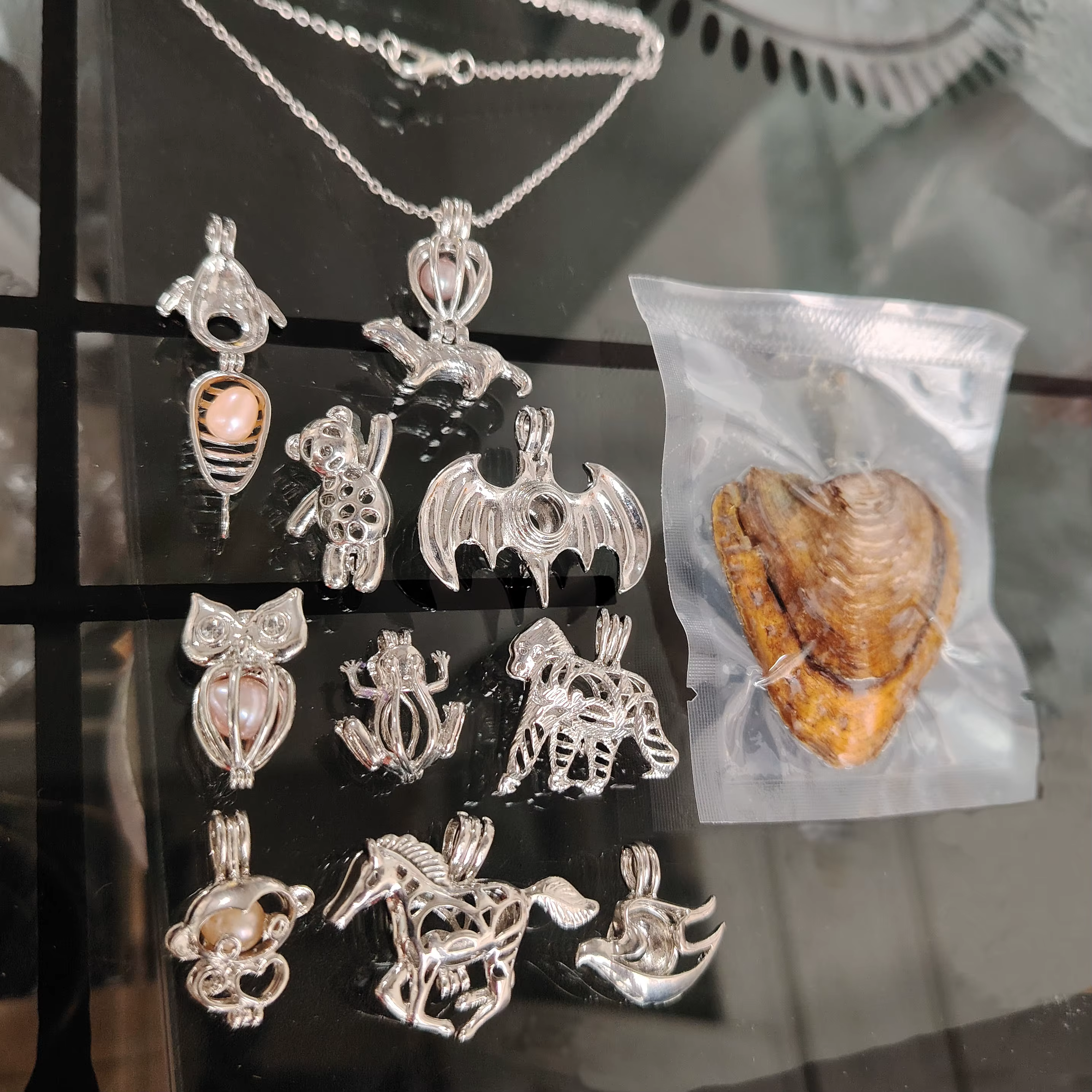 Ensemble de Bijoux Amusants à Faire Soi-Même, Collier Pendentif en Perles Naturelles, group Huître avec Cheval, Gorille, Singe, Chauve-Souris, Grenouille, Animal