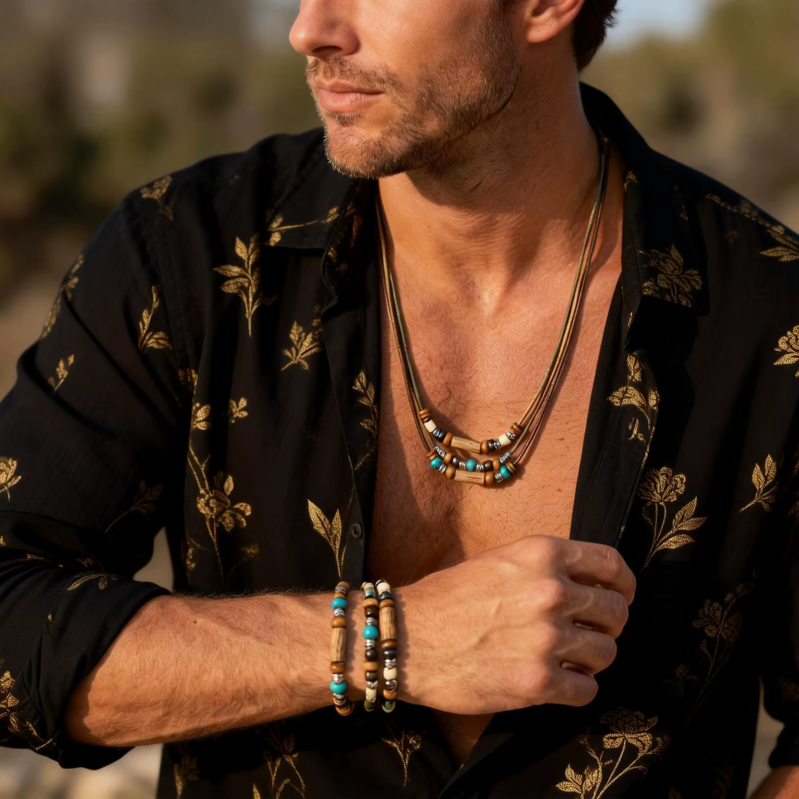 Collier en cuir avec perles en bois vintage pour hommes