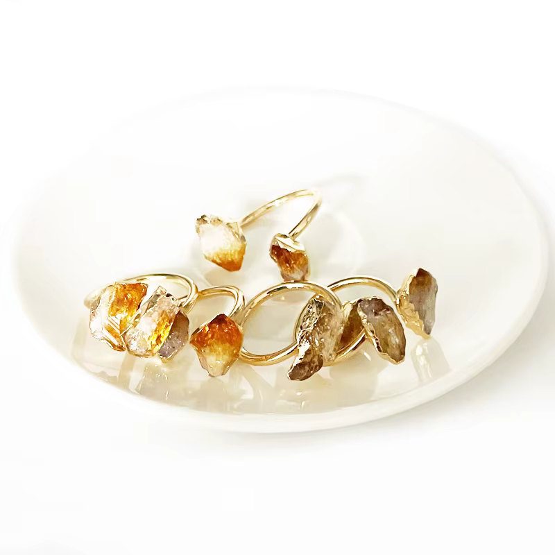 Bague ouverte en pierre brute Citrine irrégulière pour femmes et filles