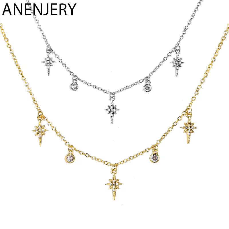 ANENJERY AAA Zircon étincelant étoile pendentif collier pour femmes couleur argent