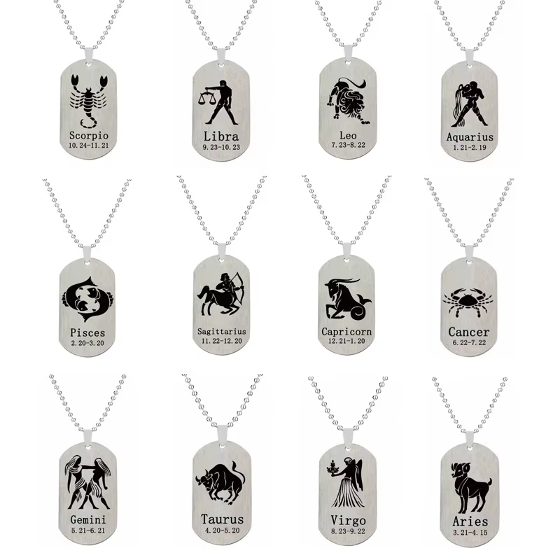 Collier avec pendentif en acier inoxydable, 12 signes du zodiaque, couleur argent, bélier, lion, Constellation, bijoux pour hommes, cadeau pour hommes