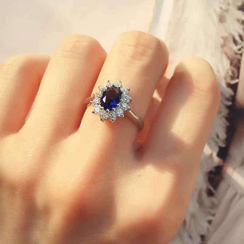 CC princesse Diana anneaux pierre bleue couleur argent bijoux de mode mariée mariage fiançailles fête anneau accessoires CC626