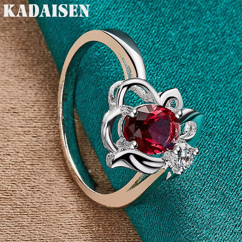 Fleur en argent sterling 925 avec rubis 7-10 # Bague pour femme
