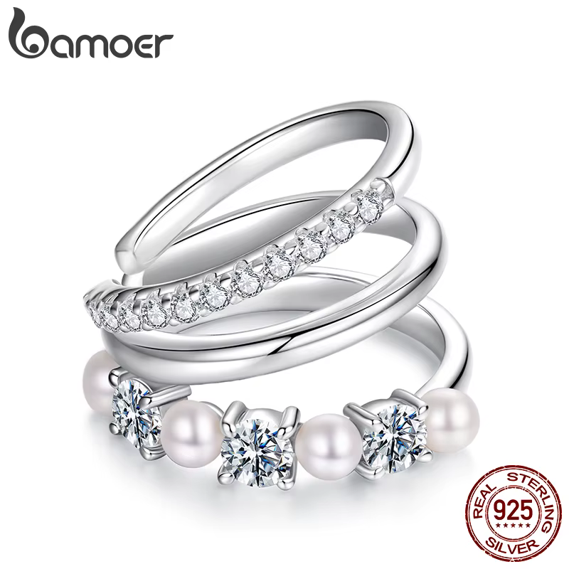 BAMOER Mono 3 couches Moissanite oreille manchette 925 en argent Sterling perle d'eau douce