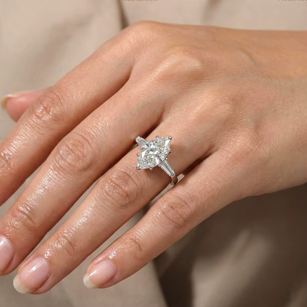 Bague BXINY en argent sterling 925 avec 3 pierres de moissanite taille marquise pour femme, alliance de mariage conique avec diamants baguette, cadeau de joaillerie fine