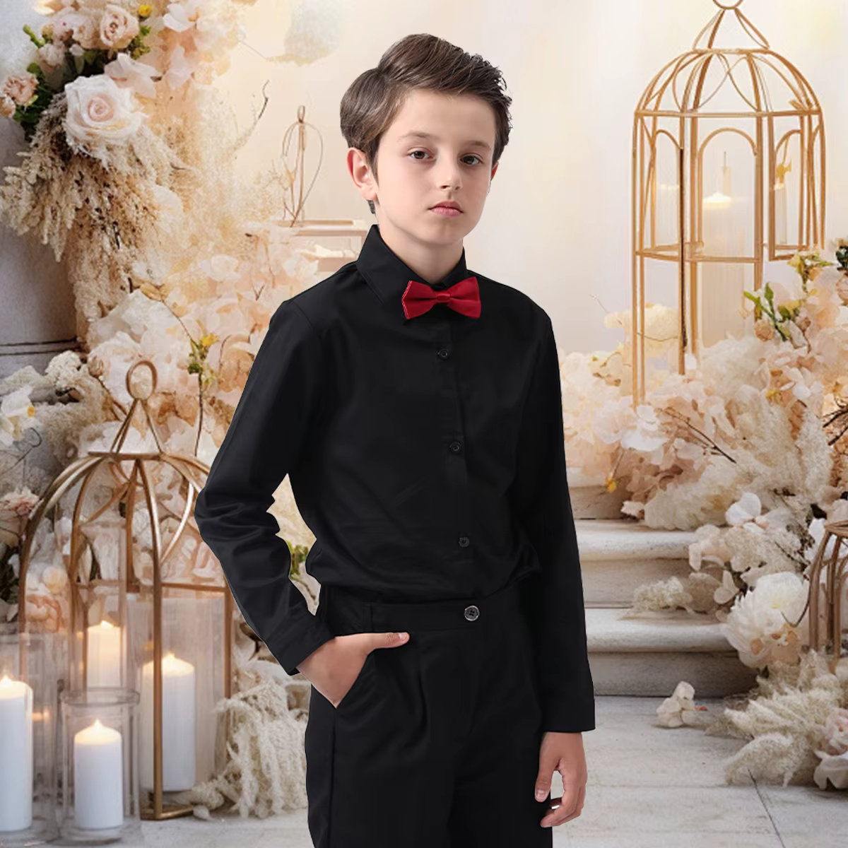 Chemise habillée pour garçons, uniforme scolaire pour enfants, manches longues avec nœud papillon, cadeau formel et doux, vêtements de cérémonie de spectacle, blanc de 6 à 14 ans