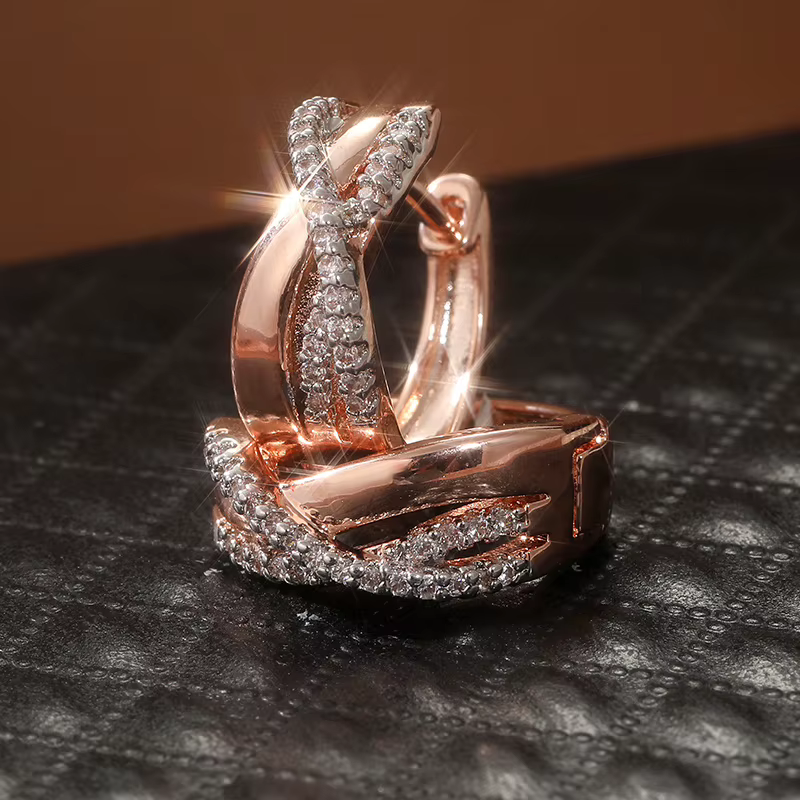 Boucles d'oreilles en or rose torsadées, élégantes, scintillantes et polyvalentes pour femmes, bijoux raffinés pour banquets, fêtes et mariages
