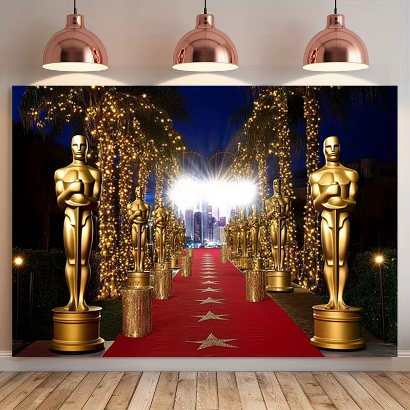 Un bannière de fête avec un trophée Oscar doré