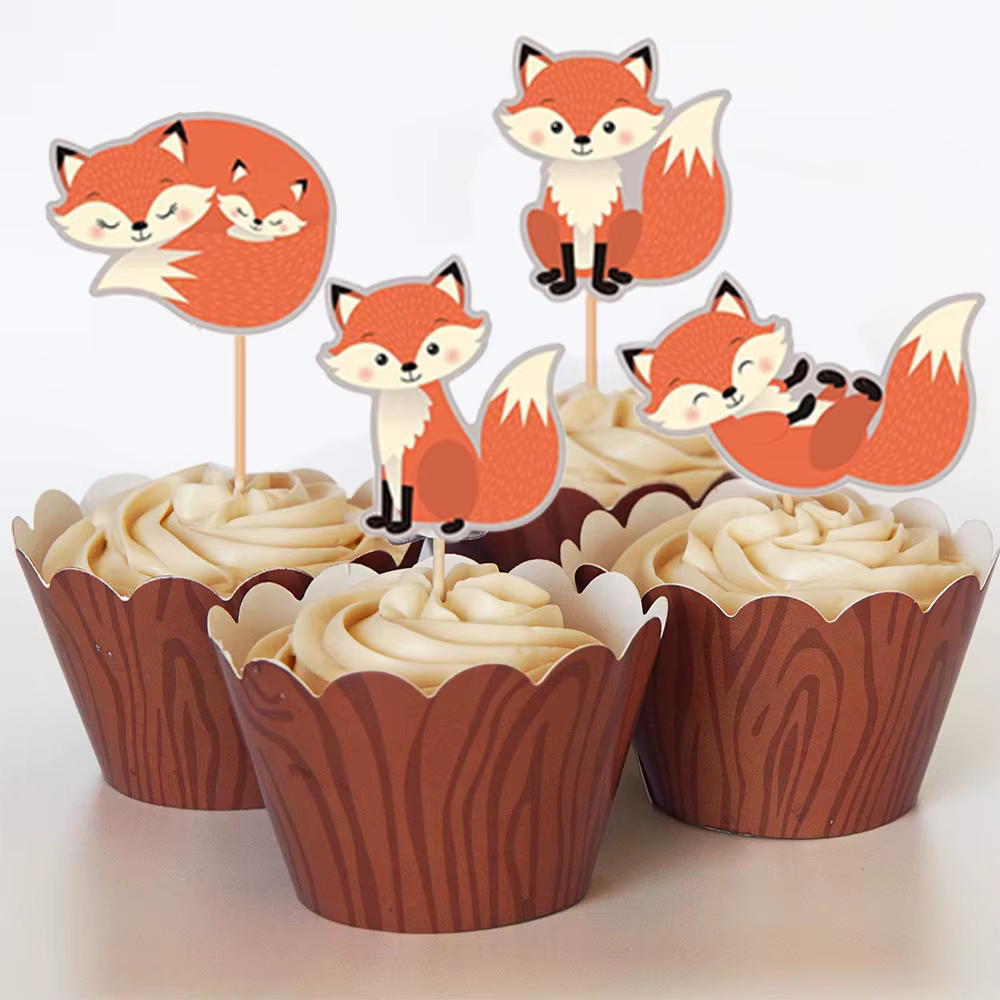 Renard fête d'anniversaire bébé douche décor fournitures vaisselle ballon Cupcake Toppers bois animaux thème habiller enfants Orange 
