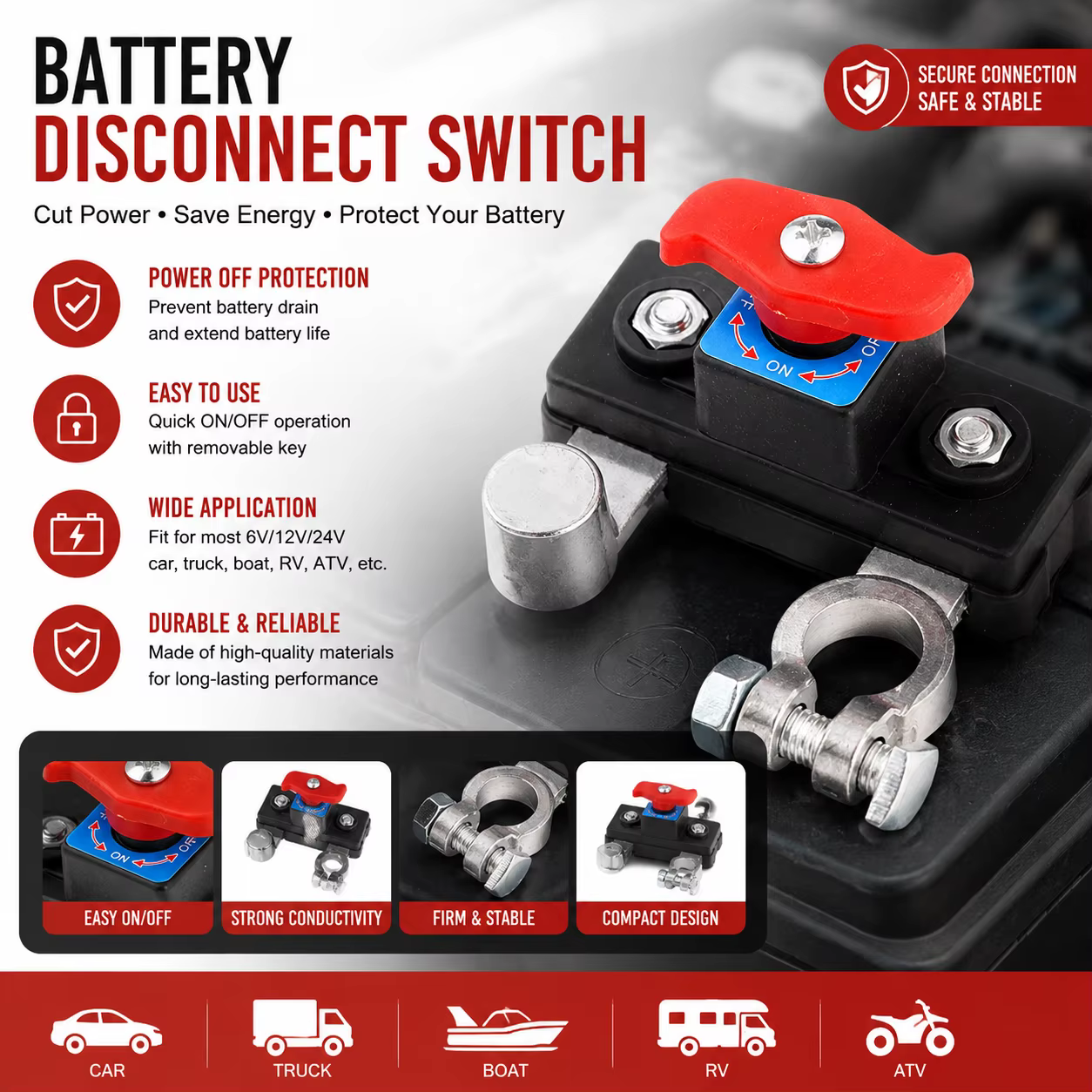 Interrupteur de déconnexion de batterie de voiture 12V CC