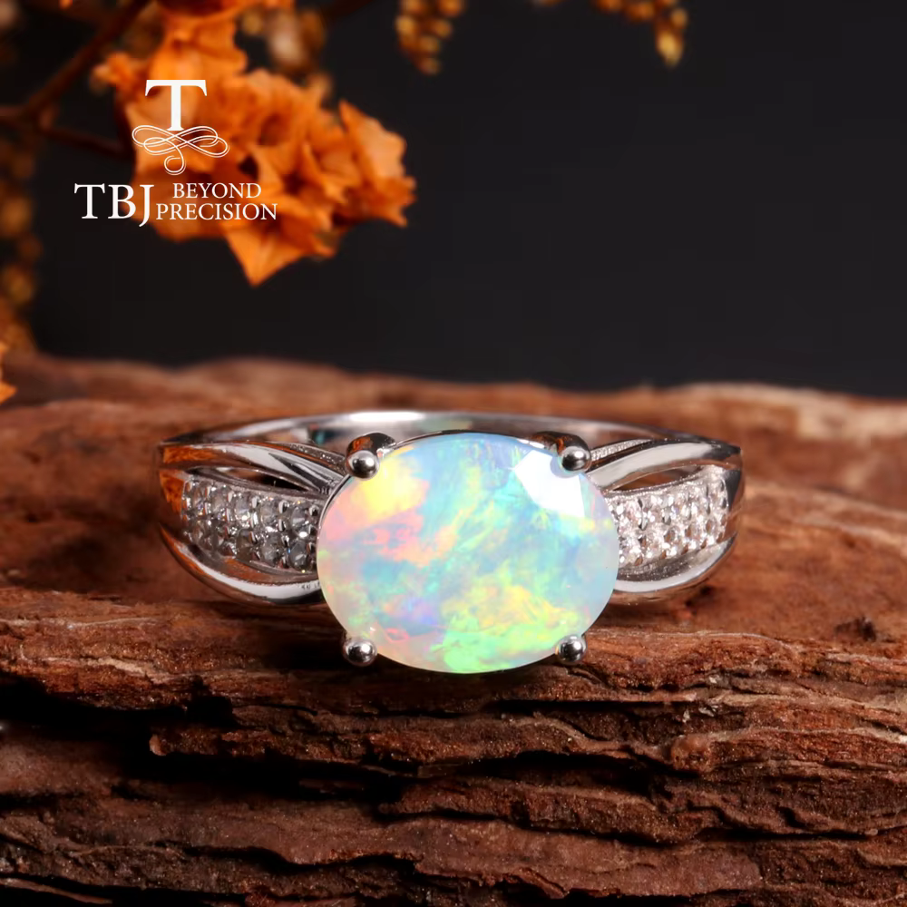 Bague opale naturelle colorée en argent sterling 925