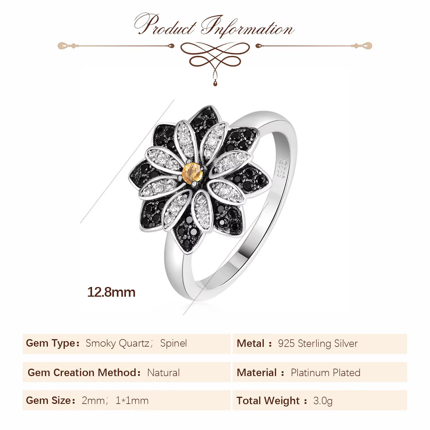 Bague de cocktail Potiy Flower en argent sterling 925 avec quartz fumé naturel et spinelle noire pour femme