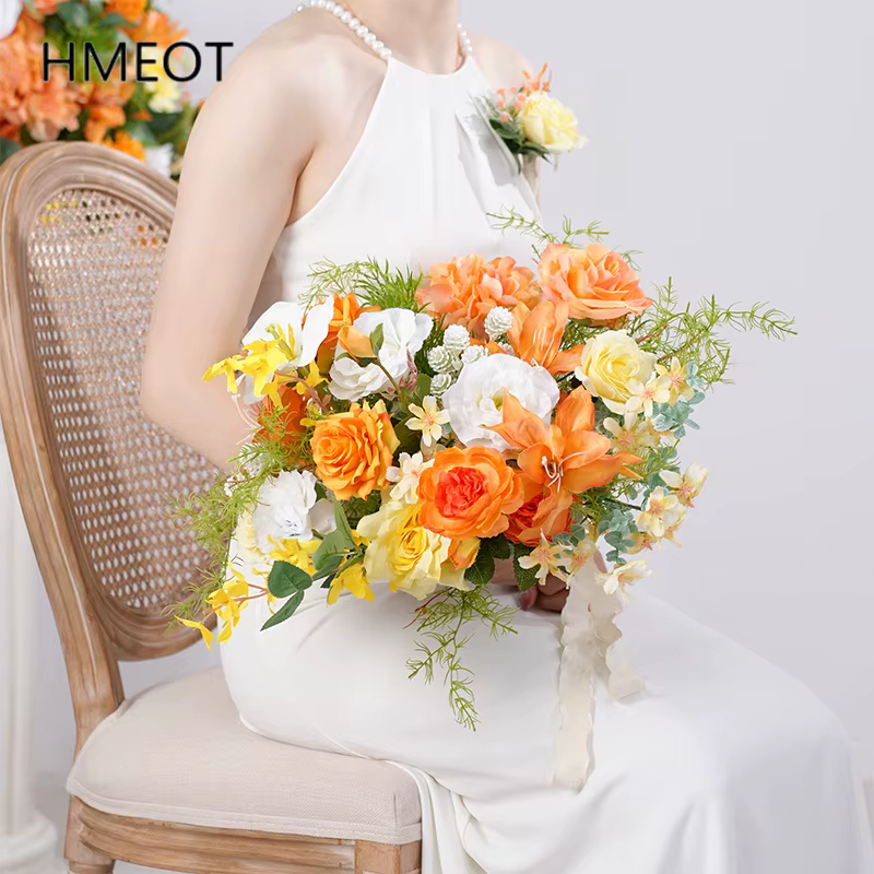 Bouquet de roses à main série Orange et blanc, accessoires floraux de mariage, fournitures pour événements de Banquet d'église, accessoires de tir H866503