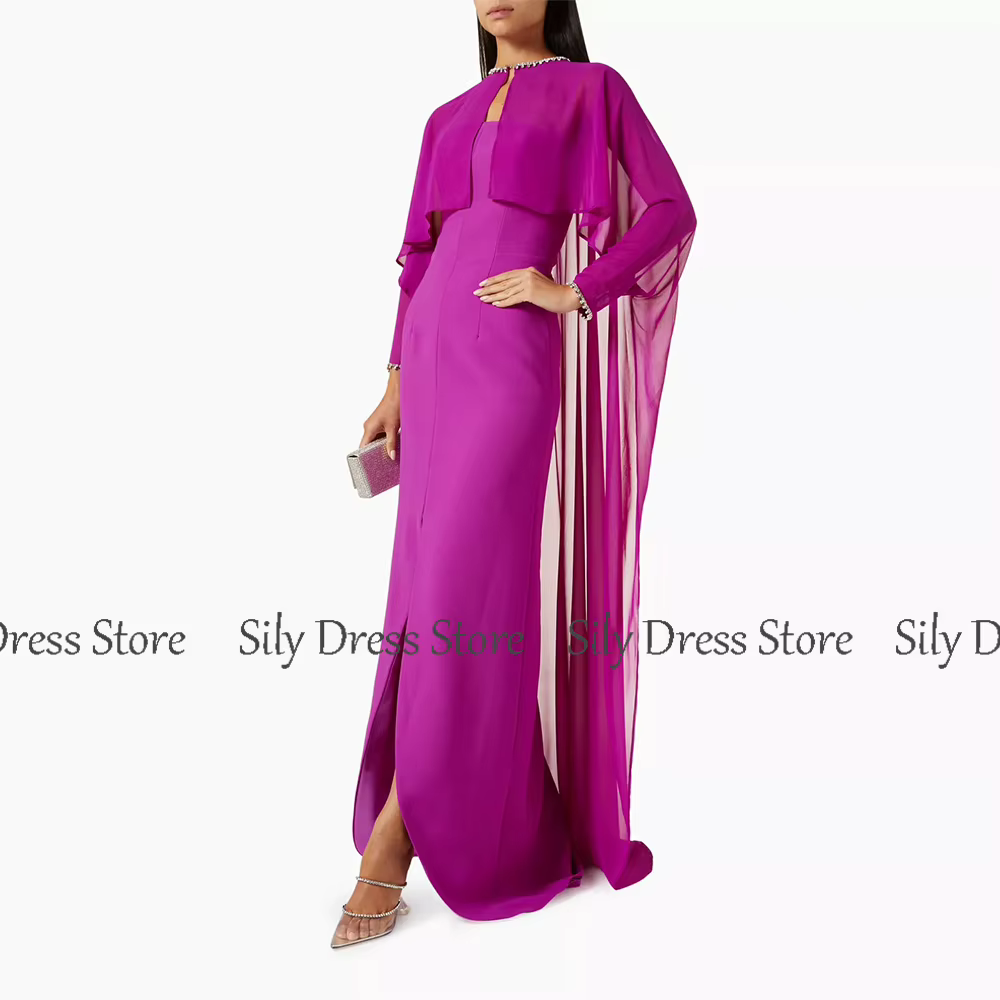 Robes d'occasion spéciale chics tissu crêpe gaine/colonne robe de bal Fuchsia bretelles cristaux Cape fendue