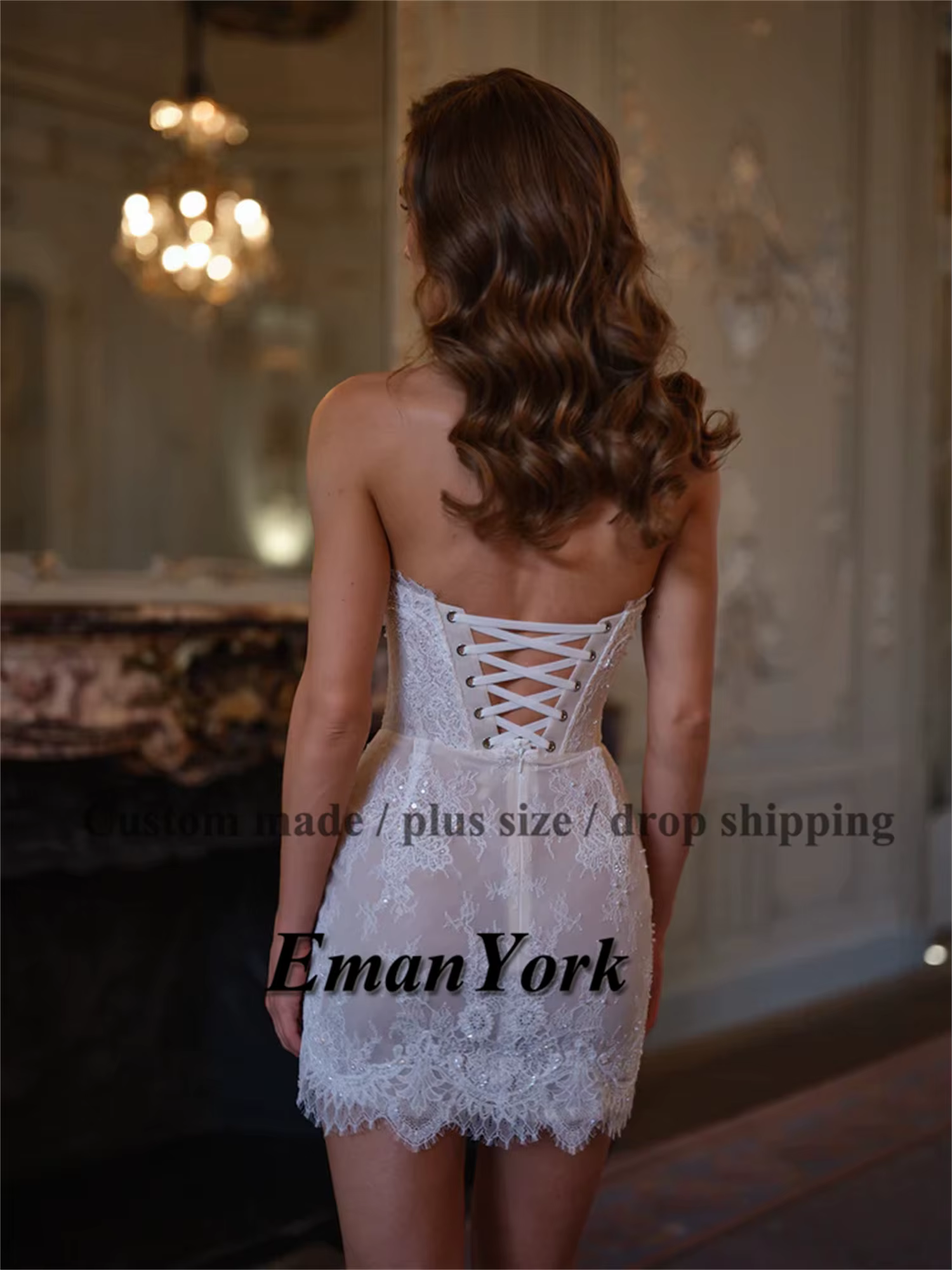 Robe de mariée mini personnalisée EmanY avec fleurs à sequins exquises